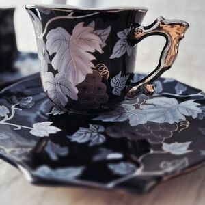 Elegant Black and Silver Leaf Design Cup and Saucer Set